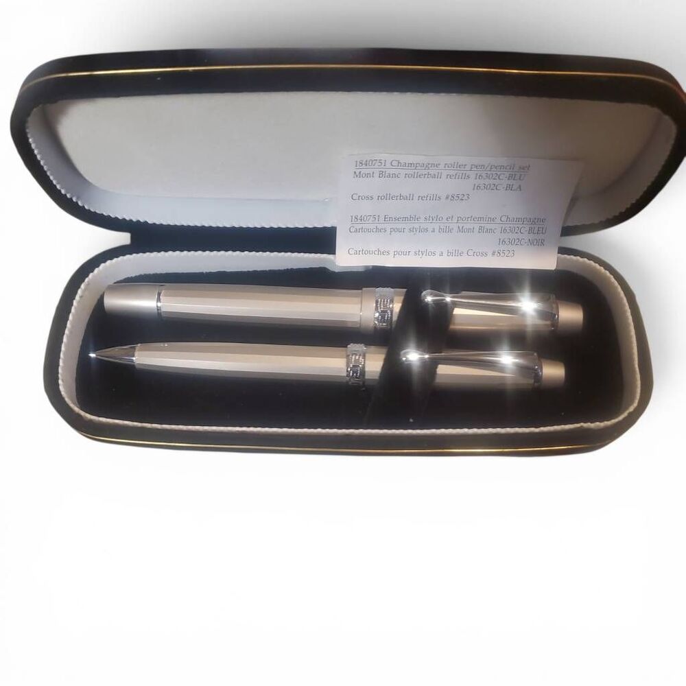 Cross Champagne Rollerball Pen & Pencil Set w/ Case #1840751 Mont Blanc Refills